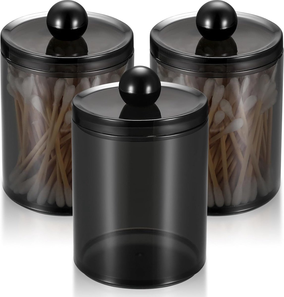 Cosmetica-organizer, 3 stuks wattenstaafjeshouders, zwarte apothekersglazen voor badkamer, voor wattenstaafjes, wattenstaafjes, ronde wattenschijfjes, tandzijde, make-upsponzen, haarspelden