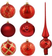 Kerstboomdecoratie Pakket 22-delig: met 1 Rode Kerstboom Piek en 12 Rode Kerstballen met Gouden Decoratie van 8 cm en 9 Effen Rode Kerstballen van 8 cm