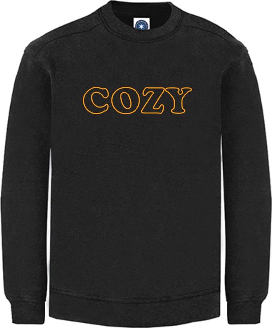 Huissweater - Huistrui - Sweater - Zwart - NEON ORANJE tekst COZY - ruimzittend - LARGE