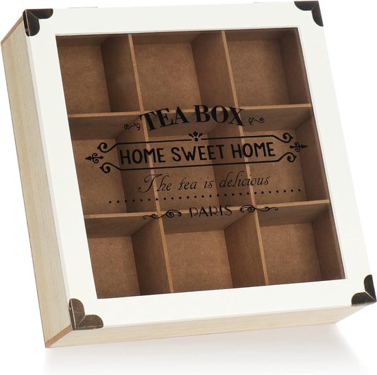 Rustieke opbergdoos voor theezakjes - theedoos in landelijke stijl met 9 vakken en kijkvenster - theekist - thee-opslag - doos voor theezakjes (Paris - wit)