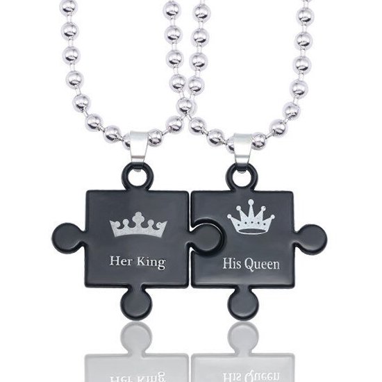 His Queen & Her King Puzzelstukken Ketting Set (Zwart) - Romantisch Liefdes Cadeau - Mannen Cadeautjes - Cadeau voor Man