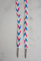 Schoenveters gevlochten - wit met blauw en roze - 120cm met zilveren nestels