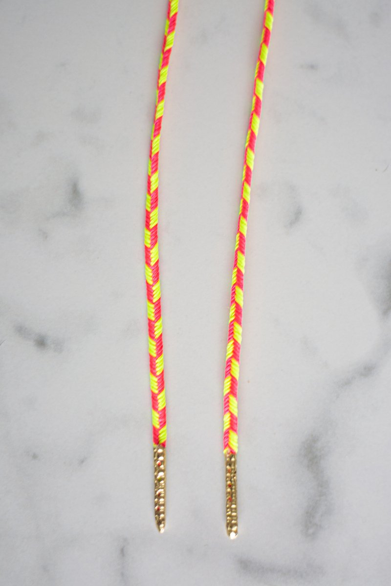 Schoenveters gevlochten - fluo geel en roze - 120cm met gouden nestels veters voor wandelschoenen, werkschoenen en meer
