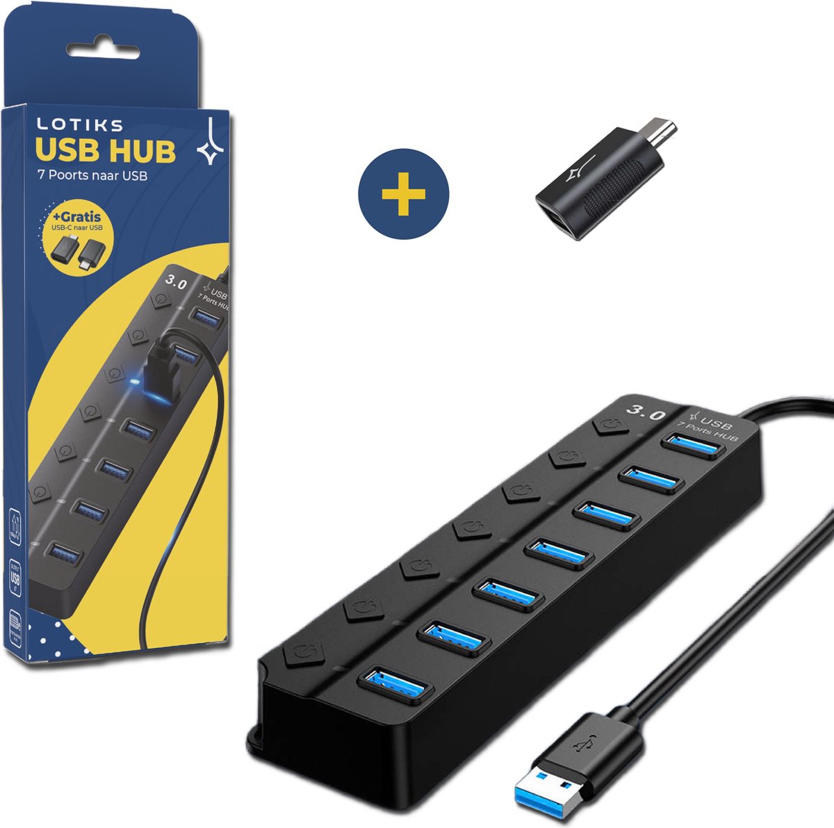 Lotiks USB 3.0 Hub - USB Splitter - 7 Poorten - 5Gbps - LED Indicatie - Aan/Uit Switch