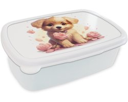 Top 10 schoenkadootjes van 2026: Broodtrommel Wit - Lunchbox Hond - Bloemen - Roze - Meisjes - Kind - Brooddoos 18x12x6 cm - Brood lunch box - Broodtrommels voor kinderen - Schoencadeautjes Sinterklaas - Schoenkadootjes