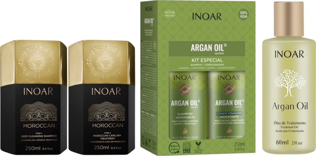 Inoar Moroccan keratine 250ml & Inoar Argan Shampoo & Conditioner & Inoar haarolie Vrouwen 60 ml