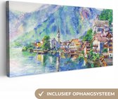 Canvas - Schilderij - Dorp - Bergen - Meer - Olieverf - 80x40 cm - Schilderijen op canvas