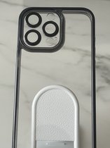 Hoogwaardige Siliconen Backcover met ingebouwd Glas voor Cameralens bescherming hoesje - Geschikt voor Apple iPhone 15 Pro Max - Zwart/Transparant