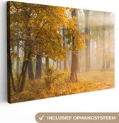 Canvas Schilderij Herfstbomen in het mistige bos - 90x60 cm - Wanddecoratie