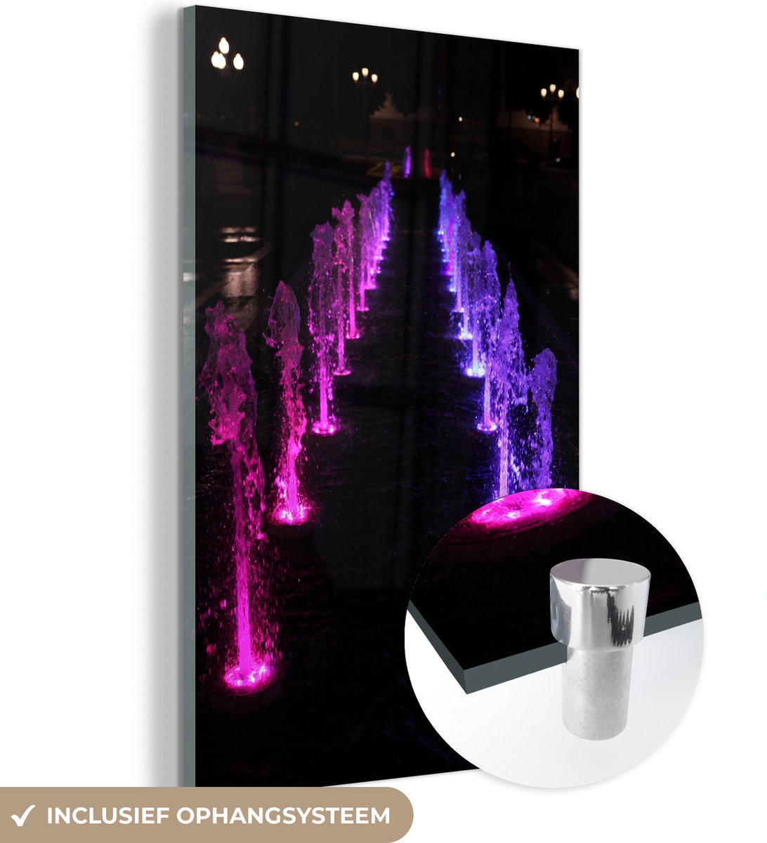 ® Glasschilderij 40x60 cm - Schilderij acrylglas - Roze-paarse fontein - Foto op glas - Mu
