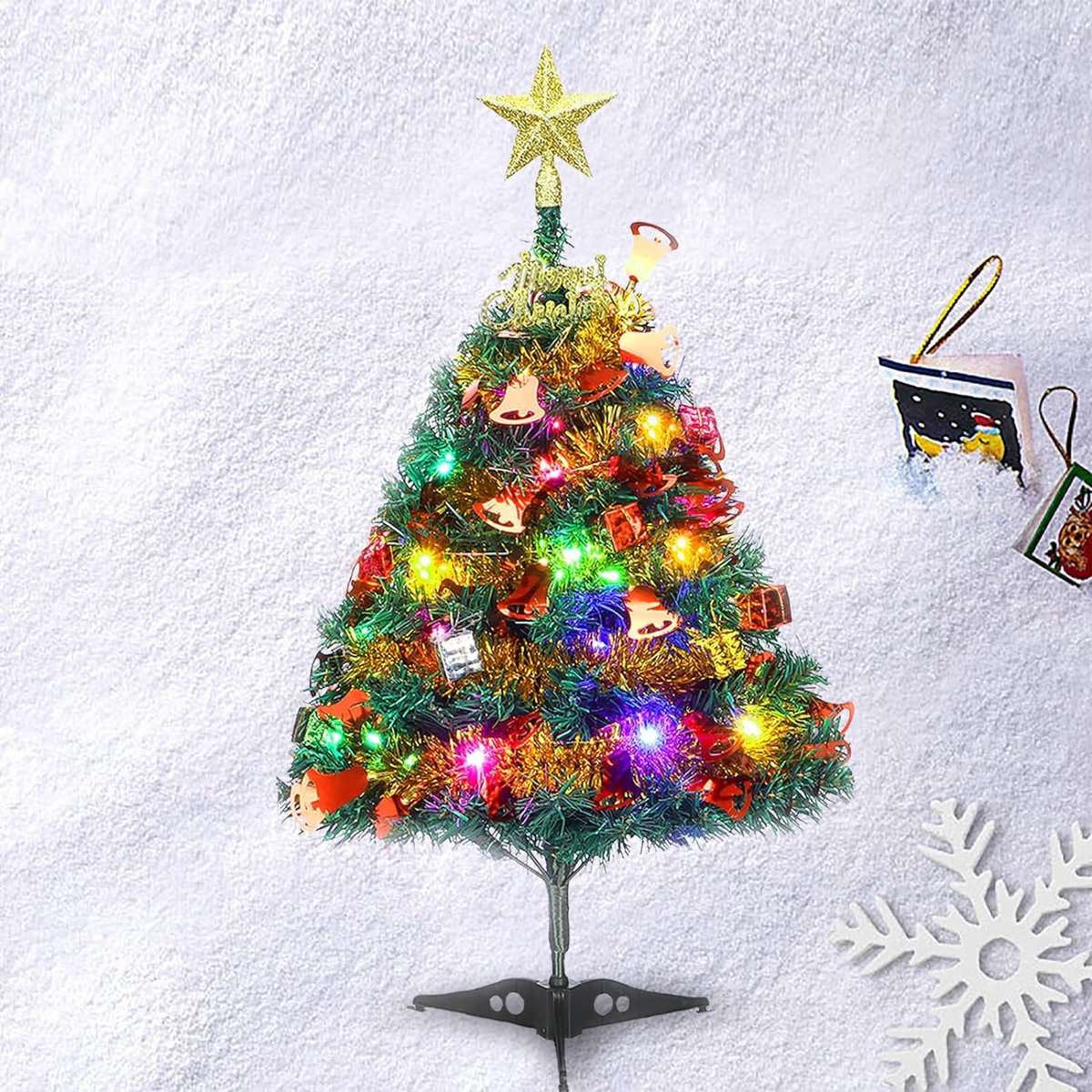 Kunstkerstboom, 60 cm, mini-kerstboom, met lichtkettingen en ornamenten, kerstdecoratie voor de tafel