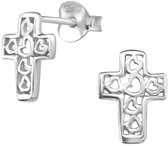 Joy|S - Zilveren kruis oorbellen met hartjes - 7 x 10 mm - oorknoppen