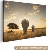 Canvas schilderij 180x120 cm - Wanddecoratie Olifant en kalf savanne - Muurdecoratie woonkamer - Slaapkamer decoratie - Kamer accessoires - Schilderijen