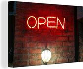 Une enseigne ouverte sur une toile de mur de brique 180x120 cm - Tirage photo sur toile (Décoration murale salon / chambre) XXL / Groot format!