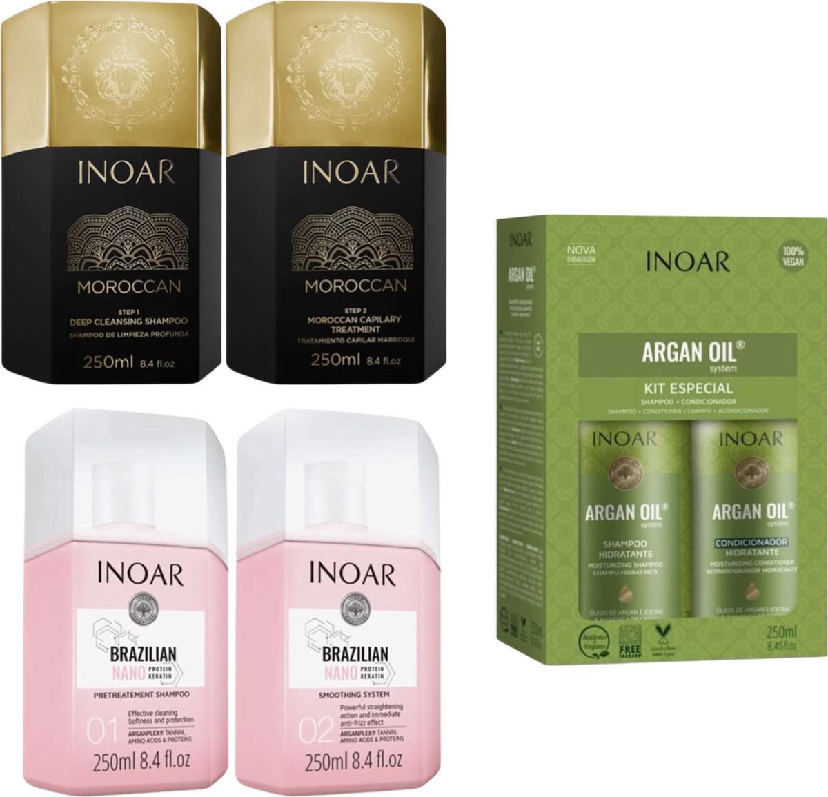 Inoar Moroccan 2 x 250 ml & Inoar Argan Shampoo & Conditioner 250 ml & Inoar Nano Proteïne zonder formaldehyde keratine treatment 2x250ml