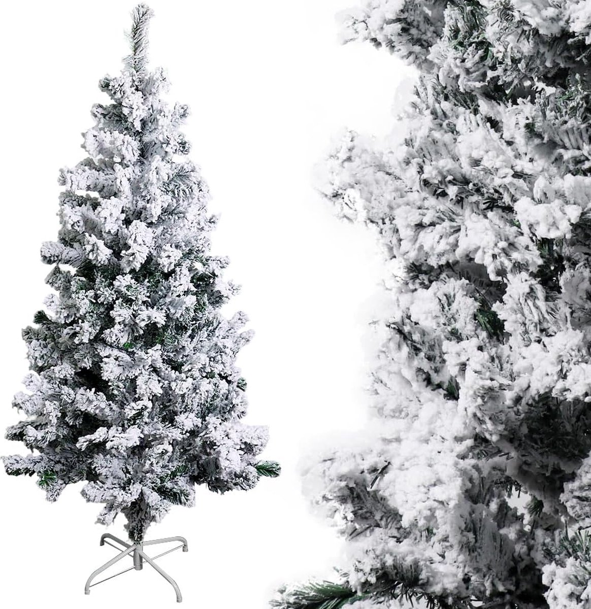 Kunstkerstboom met sneeuw wit dik buiten dennenbomen natuurlijk groen materiaal PVC 150 cm standaard van metaal voor tuin huis