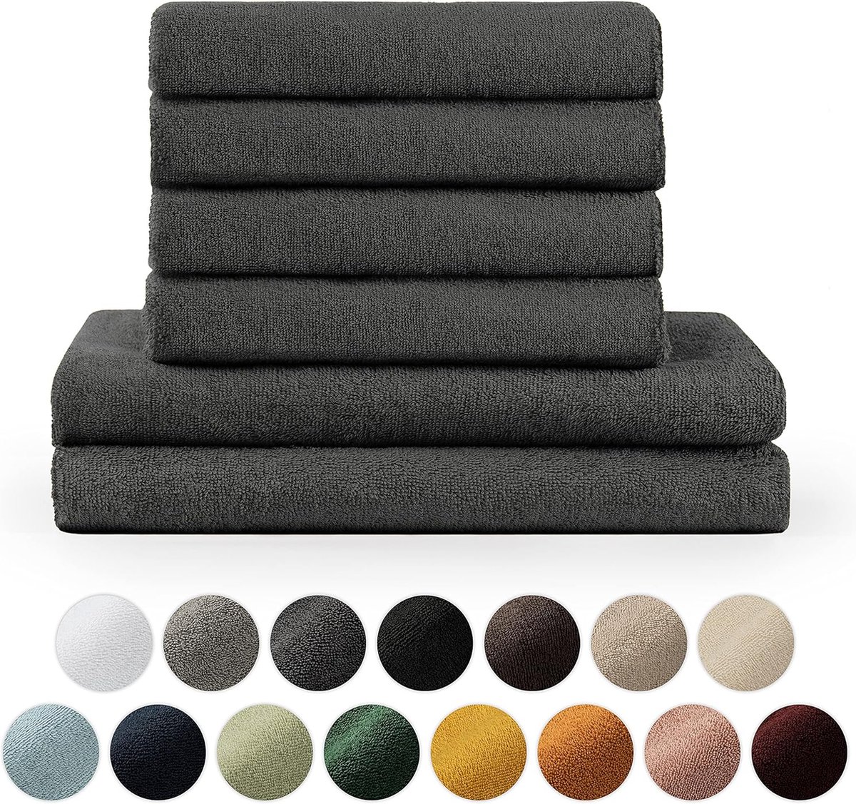 Famanu - handdoekenset 2 badhanddoeken 70x140 + 4 handdoeken 50x100 - zacht en absorberend, 100% katoen, Oeko-Tex 100 gecertificeerd, antraciet