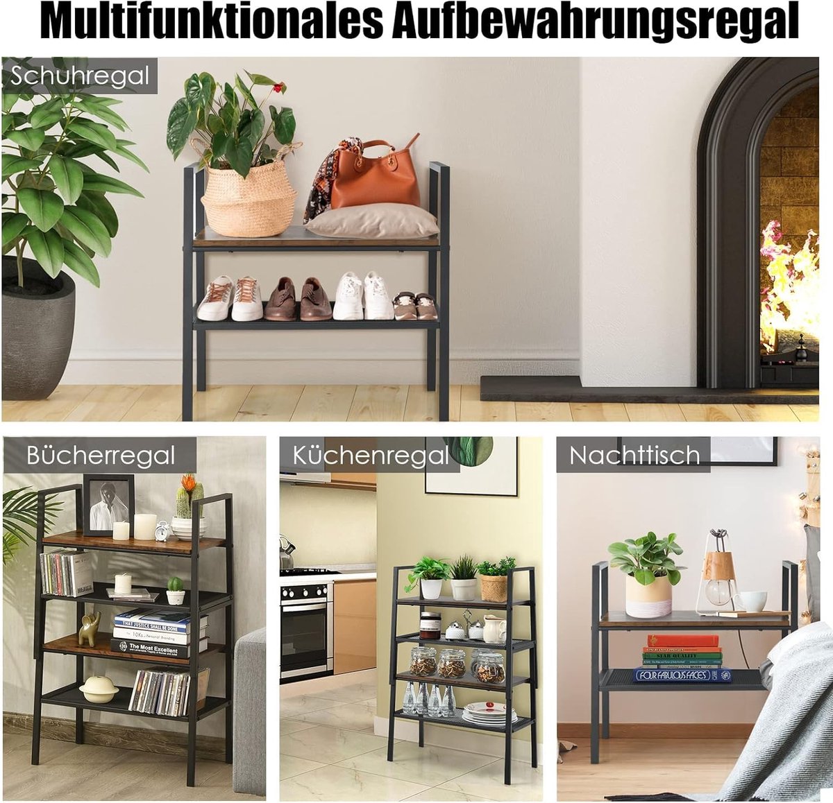 COSTWAY Set Van 2 Opbergplanken, Stapelbaar Schoenenrek Hout En Metaal Compact Opbergrek Voor Woonkamer Slaapkamer Entree Organizerrek Met Metalen Frame 2928739601