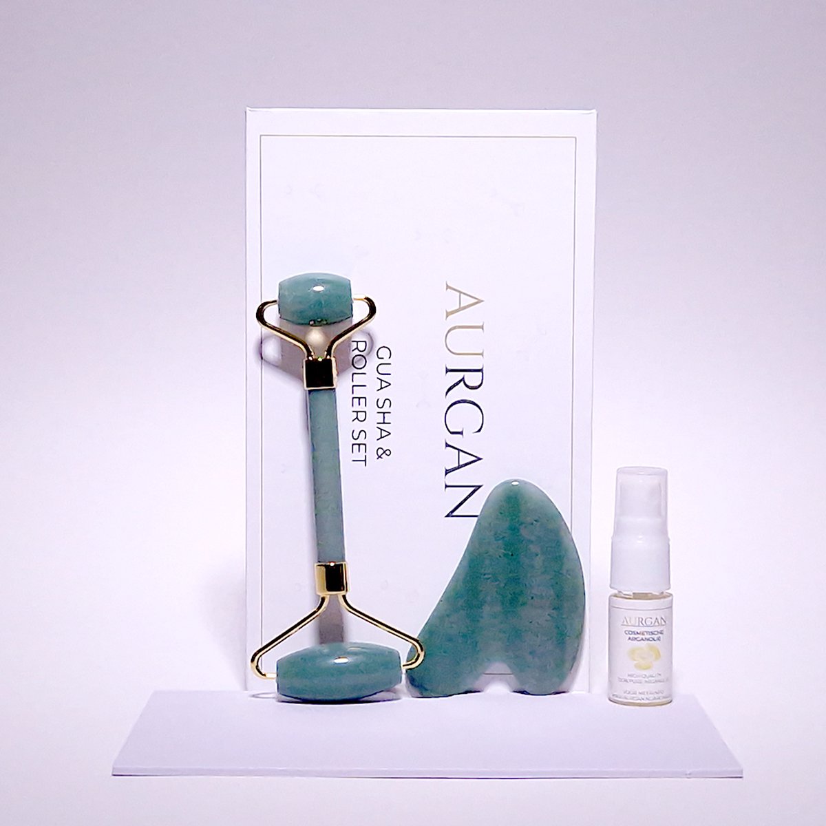 Aurgan Aventurine Jade Roller met Aventurine Gua Sha steen - inclusief 10ml arganolie - massage - Stimuleert doorbloeding - Anti rimpel massage - aventurijngroene Jade