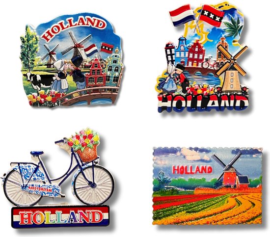 Set van 4 Holland magneten met molens, grachtenpanden, fiets met tulpen en klederdracht-stel.