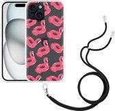 Cazy Hoesje met koord geschikt voor iPhone 15 Inflatable Flamingos