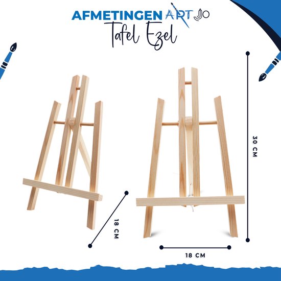 Twee houten tafelschildersezels, met afmetingen 18cm x 30cm en 18cm x 18cm.