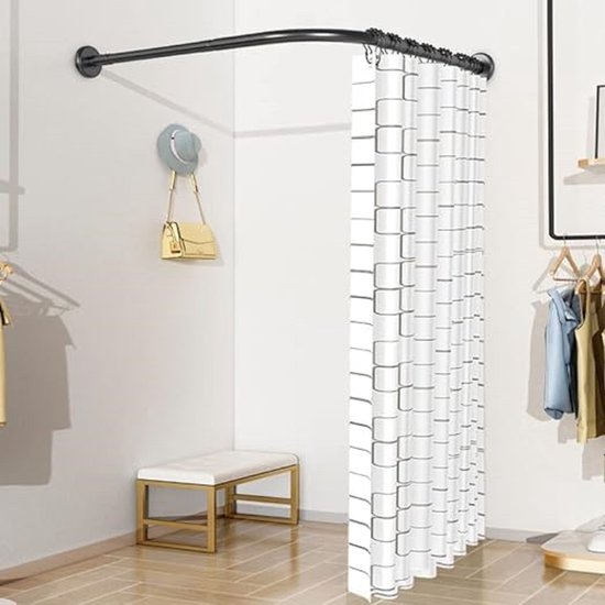 Douchegordijnstangen Verstelbare L-vormige, Met 18 Ringen, 70-100×110-170cm, Hoekdouchestang Van Roestvrij Staal 304, Installatie Met of Zonder Boren, Geschikt Voor Badkamer en Badkuip, Zwart