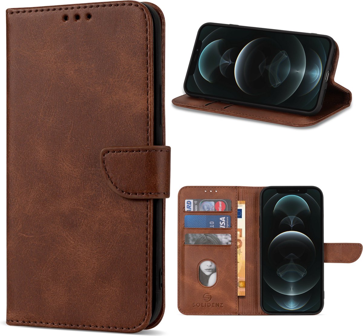 Geschikt Voor iPhone 14 Plus Hoesje - Solidenz Bookcase 14 Plus - Telefoonhoesje 14 Plus - 14 Plus Case Met Pasjeshouder - Cover Hoes - Bruin