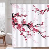 Douchegordijn met kersenbloesem, Japanse rode bloemen, 180 x 200 cm, anti-schimmel, waterdicht, polyester, wasbaar, badkamergordijn, met 12 haken