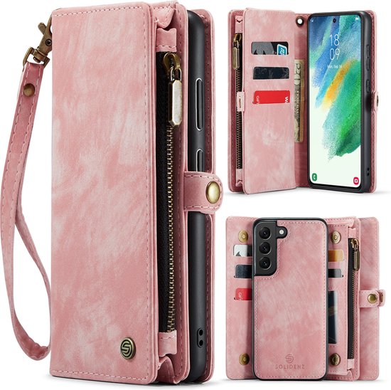 Foto: Geschikt voor samsung galaxy s21 hoesje solidenz wallet case s21 telefoonhoesje s21 s21 case met pasjeshouder met ritsvak met polskoord portemonee hoes roze