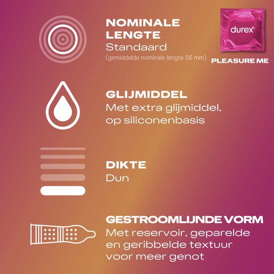 Een roze Durex Pleasure Me condoomverpakking met informatie over lengte, glijmiddel, dikte en vorm.