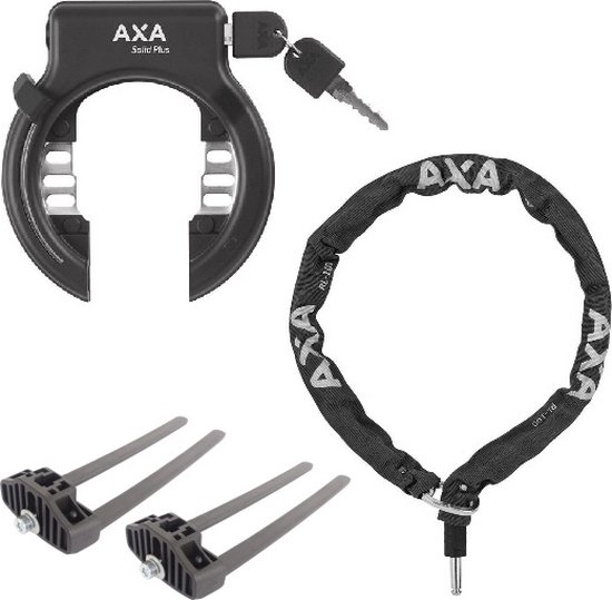 Antivol de cadre Axa Solid Plus ART2 Zwart + chaîne enfichable Axa RLC100 cm 5,5 mm Zwart + kit de fixation Flex Mount