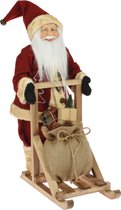 Père Noël Debout sur Traîneau en Bois - avec Sac en Jute - 45cm - Rouge
