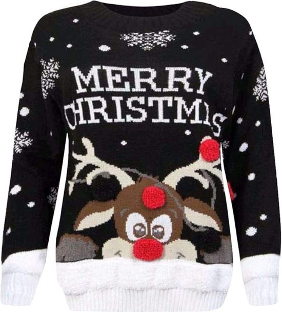 Kerst- gebreid - trui - Rudolph - 3d ballen -lange mouw - kinderen - zwart - maat 98/104