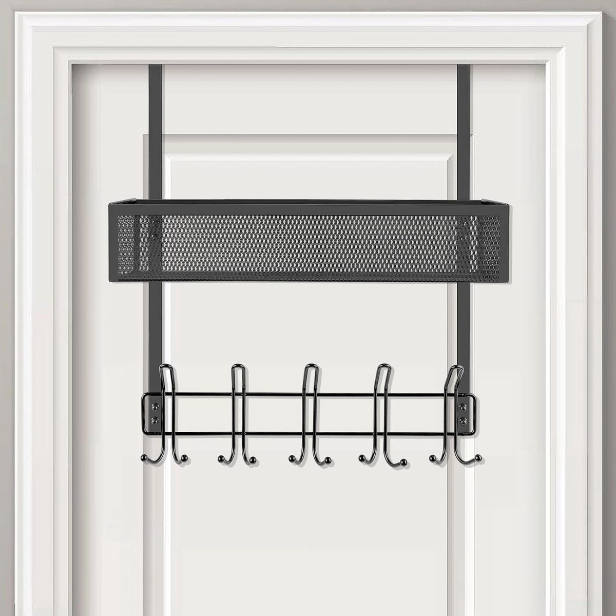 Deurhaken om op te hangen 15 kleerhangerhaken met 1 mesh mand boven deur opbergrek kledinghaken deur zwarte mand voor garderobehaken deurhanger hangrek badkamer hangrek keuken