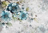 Fotobehang - Bloemen - Turquoise - Bladeren - Natuur - Schilderij - Vliesbehang- 312x219cm (lxb)