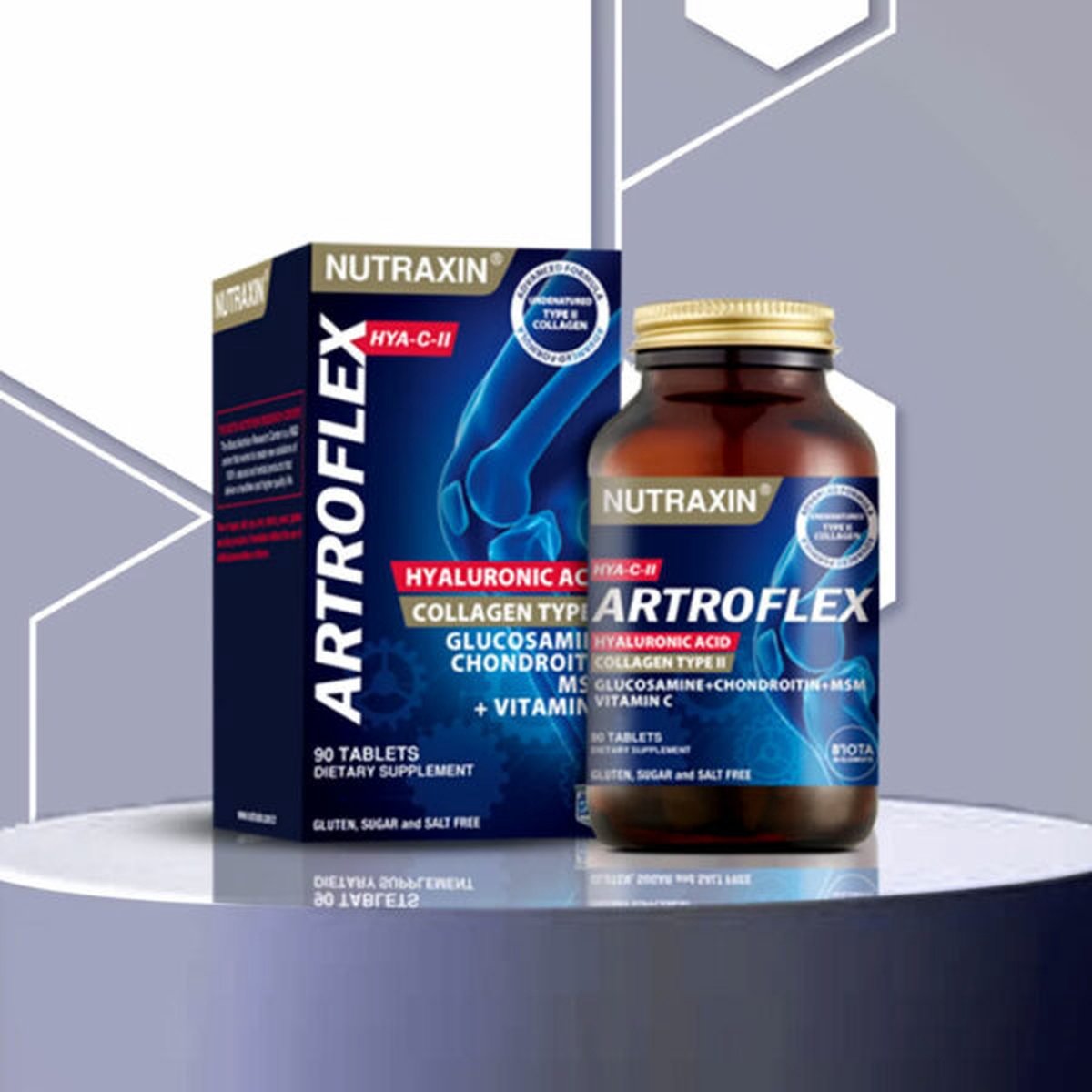 Nutraxin Artroflex Hya-C-II Voedingssupplement - Met Hyaluronzuur, Collageen Type 2, Glucosamine, MSM & Vitamine C - 90 Tabletten - Glutenvrij & Suikervrij