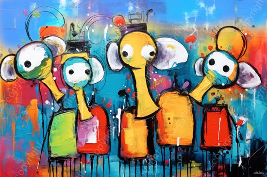 JJ-Art (Glas) 120x80 | Gekke olifanten, humor, kleurrijk, abstract, Herman Brood, stijl, kunst | dier, Afrika, olifant, blauw groen, oranje, rood, modern | Foto-schilderij-glasschilderij-acrylglas-acrylaat-wanddecoratie
