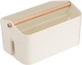 Opbergdoos met houten handvat - 2 vakken box organizer in badkamer keuken - mand opslag voor bestek schoonmaakmiddelen draagbaar klein - crèmewit