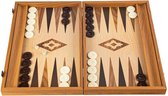Eik-Walnoot Replica Backgammon met zijrekken voor de speelmunten - 38x23cm - Opengeklapt 38x46 cm - luxe zak met speelschijven