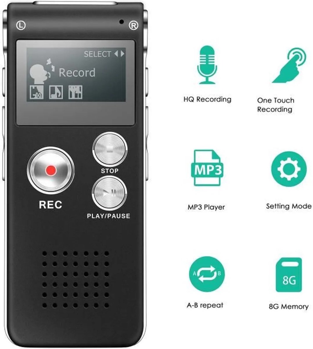 LOUZIR Digitale Dictafoon Voice Recorder 8GB Audio Opname Spraak Recorder met Display