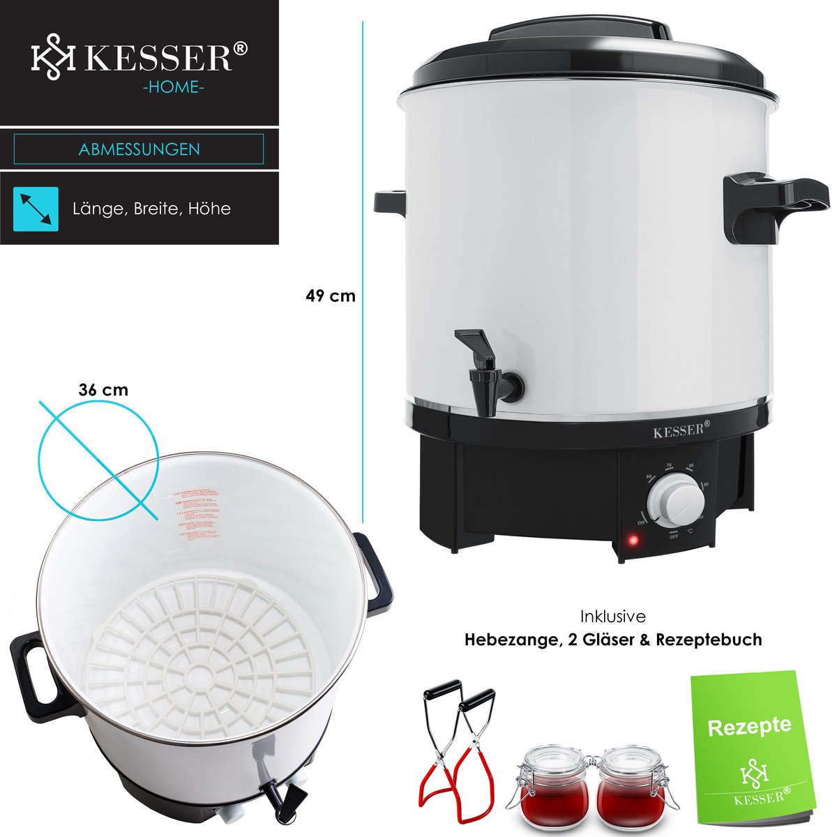 KESSER® Glühweinkessel 6,8/10/20/30L Edelstahl Inkl. Becher, Glühweinkocher mit Thermostat