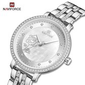 NAVIFORCE horloge met kristal diamantjes ,zilveren stalen polsband, witte wijzerplaat, zilveren horlogekast en wijzers, voor dames met stijl ( model 5017 SW )