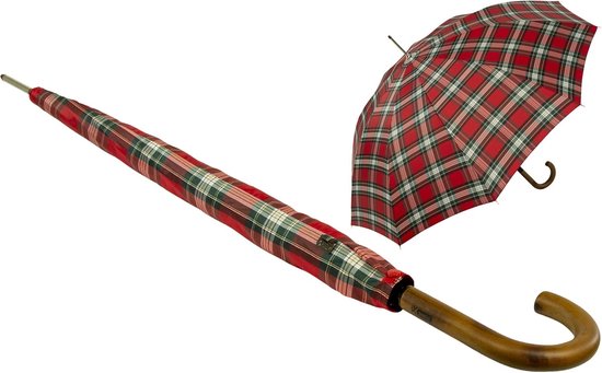 Heren paraplu automatisch met echt houten ronde haak handvat, Geruit rood, Paraplu XXL automatisch