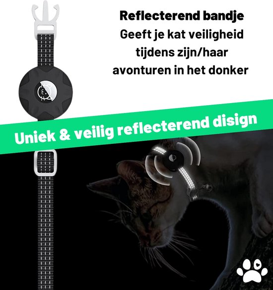 Kattenhalsband met Apple Airtag Houder - Verstevigd Model - Reflecterend - Halsband voor Kat - Verstelbaar - Kattenbandje - Katten Accessoire - Halsband - Waterbestendig - Zwart - JeBo pets