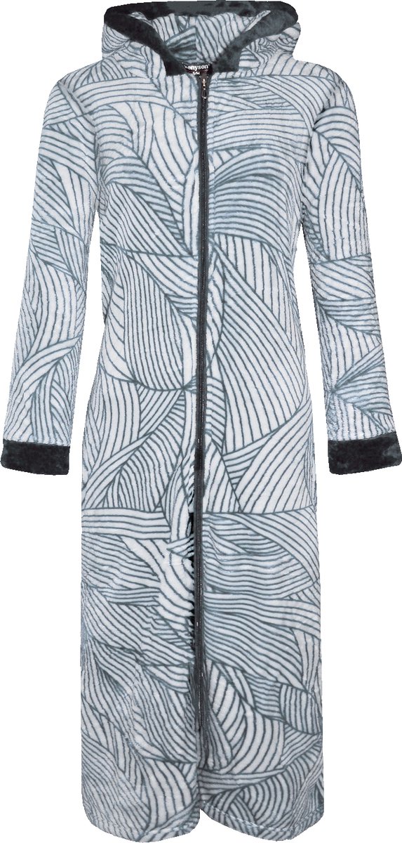 Dames badjas fleece benyson met capuchon en rits streep grijs L XL