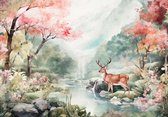 Fotobehang - Hert - Ree - Bos - Dieren - Pastel - Dier - Waterval - Vliesbehang- 254x184cm (lxb)