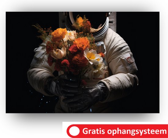 astronaut - Street art - astronaut schilderij - Schilderij Bloemen - Schilderij Ruimte schilderij - Astronaut bloemen - 90 x 60 cm Met baklijst