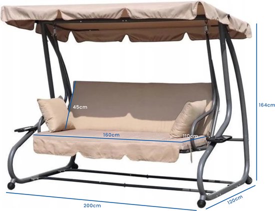 Angel Living 3-zits tuin patio schommel stoel schommelstoel luifel gewatteerde bank (beige