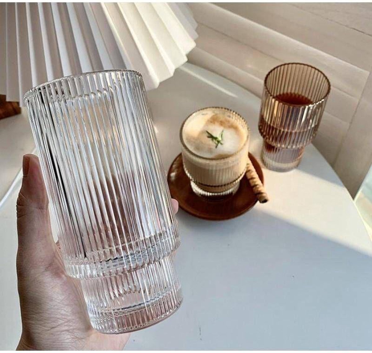 Set Geribbelde LongDrinkglazen- Reliëf - Ribbel - Stapelbaar - Transparant - Glas – 6 Stuks– 300 ml - 